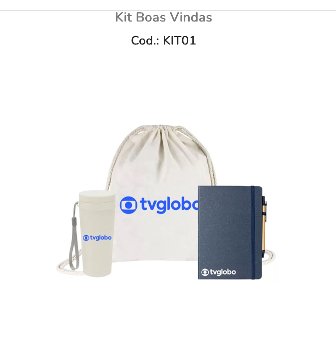 Sacola tipo mochila, copo e caderneta do Kit Boas-Vindas, com marca ilustrativa