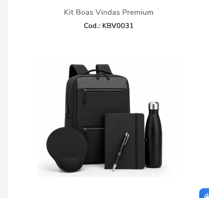 Mochila preta, garrafa, caderneta, caneta e mouse pad do Kit Boas-Vindas Premium